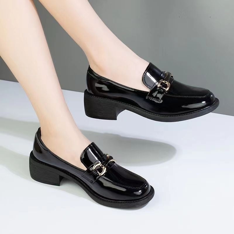 Dark Green Glossy Chunky Heel Metal Buckle Loafers For Women