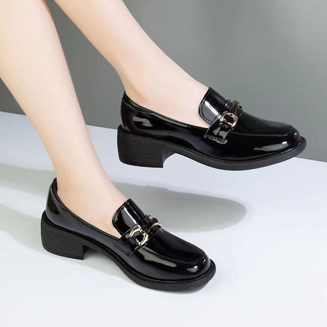 Dark Green Glossy Chunky Heel Metal Buckle Loafers For Women Hover Image