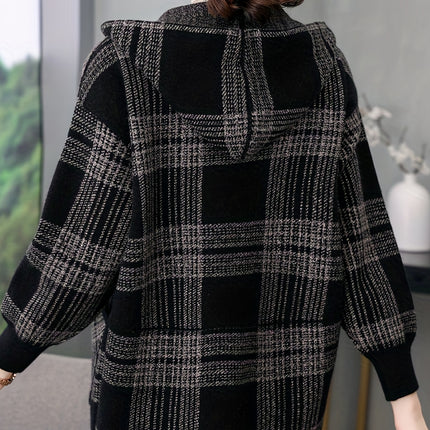 Women's Plaid Hoodie Jacket Zip Up Pockets Black And White