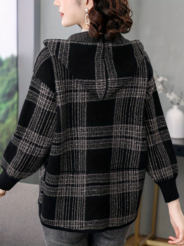 Women's Plaid Hoodie Jacket Zip Up Pockets Black And White