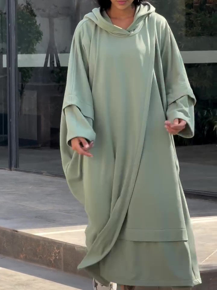 Sage Green Oversized Cape Dress With Hooded Design