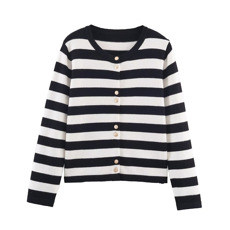 Black And White Striped Knitted Cardigan For Women