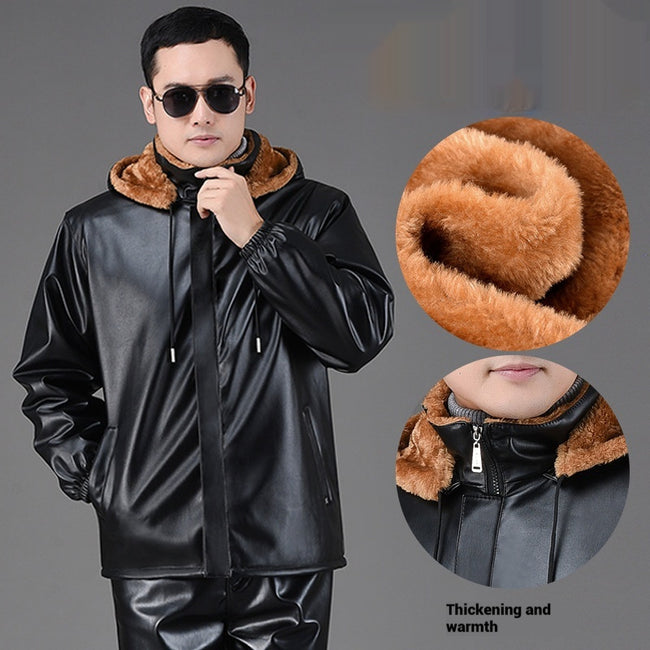 Winter Fleece-lined Plus Thick And Wide Leather Coat For Men Main Image