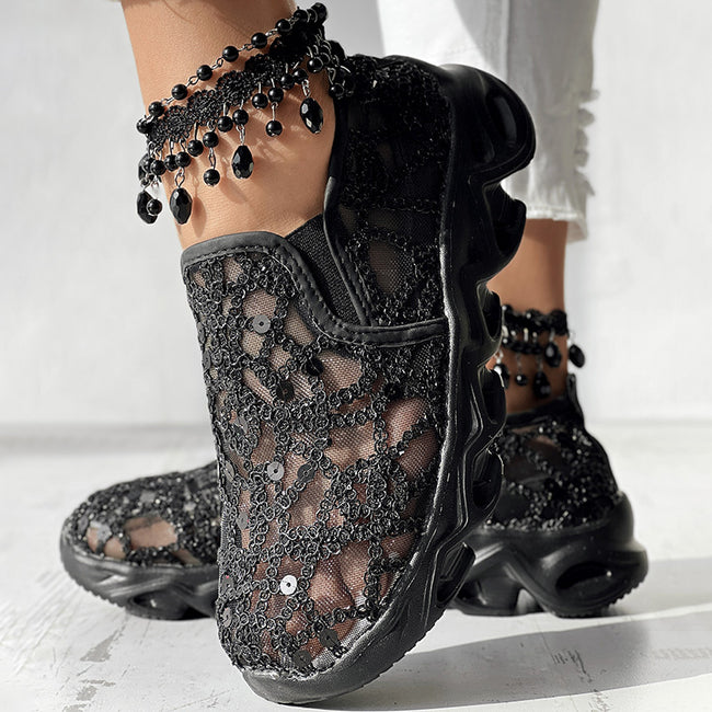 Contrast Glitter Transparent Mesh Patch Breathable Sneakers - Without Ankle Strap Main Image