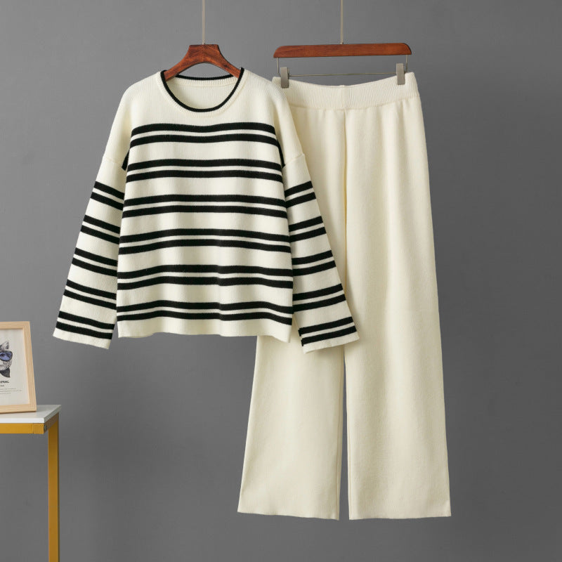 Casual Striped Loose Sweater Wide Leg Pants Two-piece Set