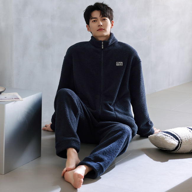 Long Sleeve Half Velvet Warm Padded Zipper Couple Pajamas Main Image