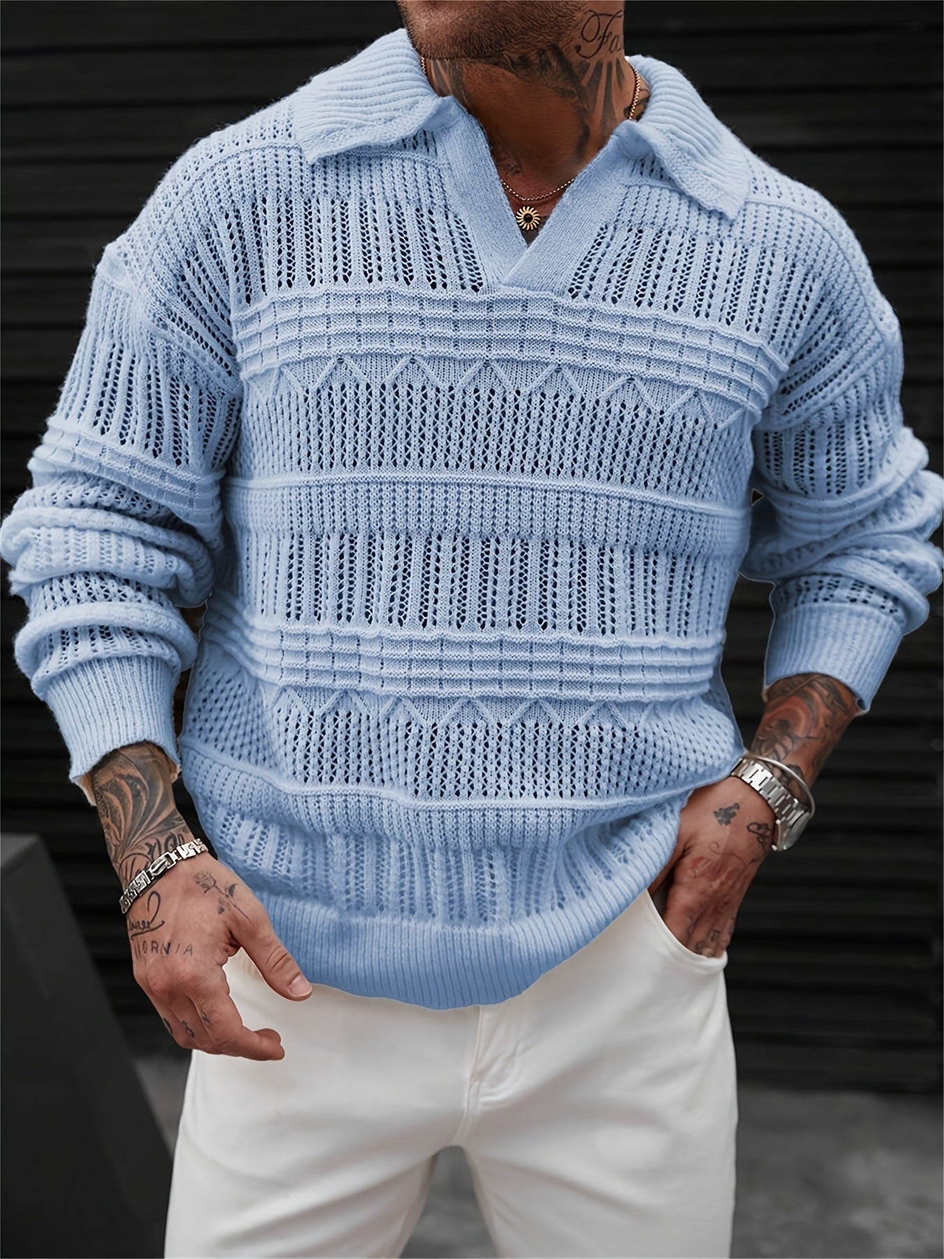 Men's Solid Color V-neck Street-like Lapel Hollow Knitwear