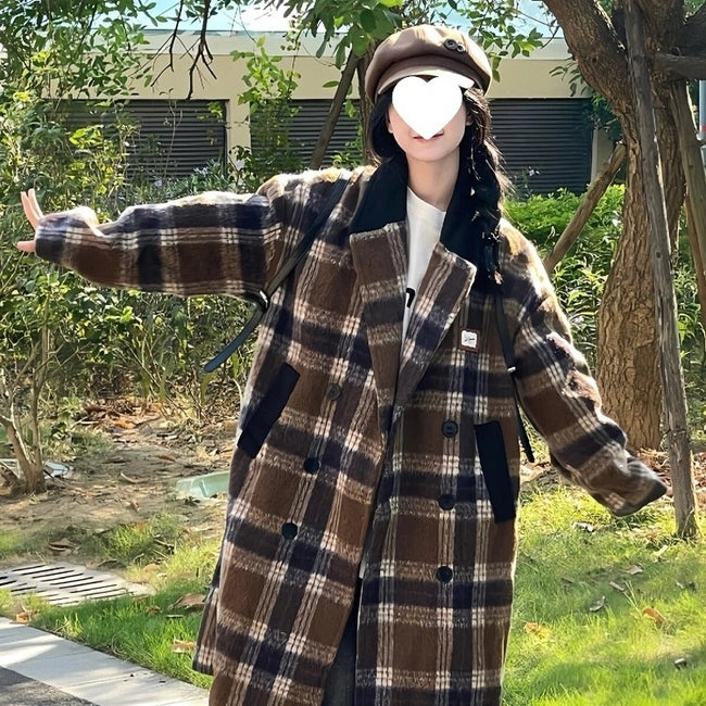 Women's Korean-style Plaid Coffee Woolen Overcoat Hover Image