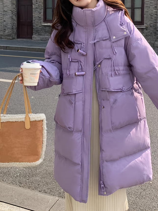 Womens Elegant Loose Fit Midi Puffer Coat Hooded Duck Down