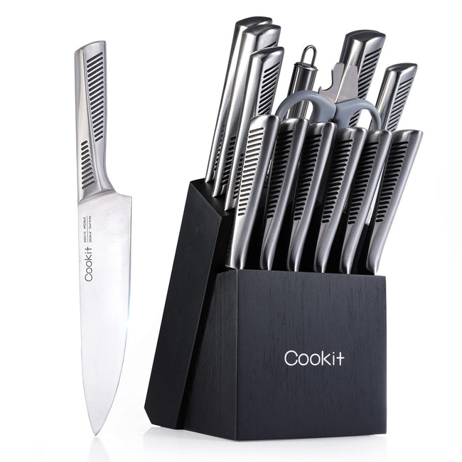 Kitchen Knife Set, 15 Piece Knife Sets with Block, Chef Knives with Non-Slip German Stainless Steel Hollow Handle Cutlery Set with Multifunctional Scissors Knife Sharpener  Amazon Platform Banned Hover Image