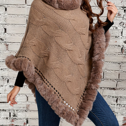 Women Elegant Crochet Pullover Sweater With Faux Fur Lining