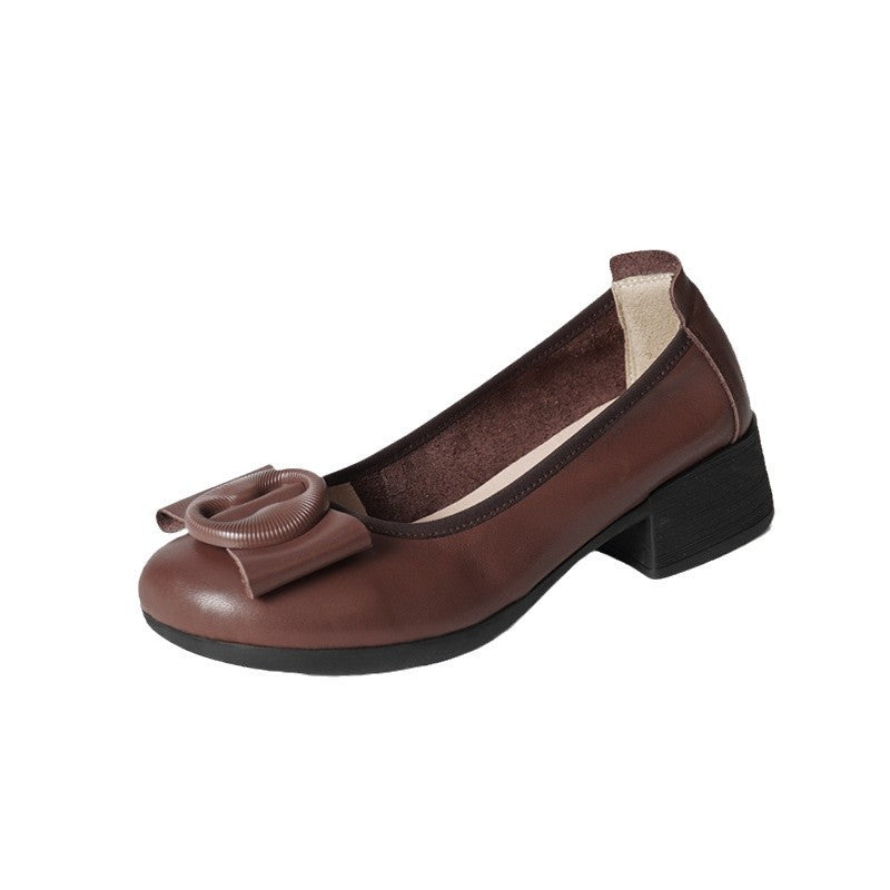 Low-cut Authentic Leather Women's Mid Heel Slip-on Round Head Pumps