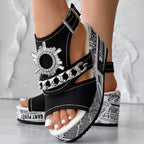 Newspaper Buckle Denim Wedge Slides - Anklet Not Included