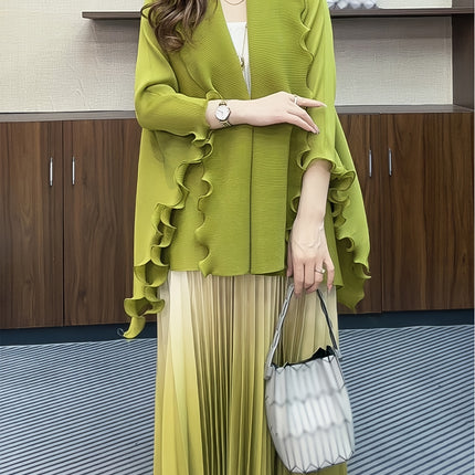 Elegant Ombre Gradient Two Piece Pleated Dress Jacket Set