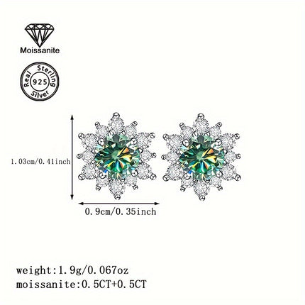 Blue Green Moissanite Snowflake Stud Earrings 1 Carat 925