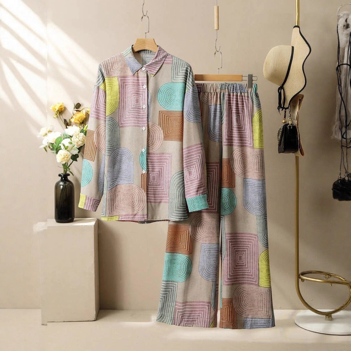 Printed Long Sleeve Trousers Suit