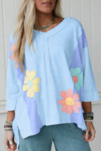 Light Blue Flower Patched Exposed Seam Bracelet Sleeve Oversized T Shirt