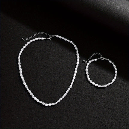 Mens Retro Bean Texture Pearl Necklace And Bracelet Set