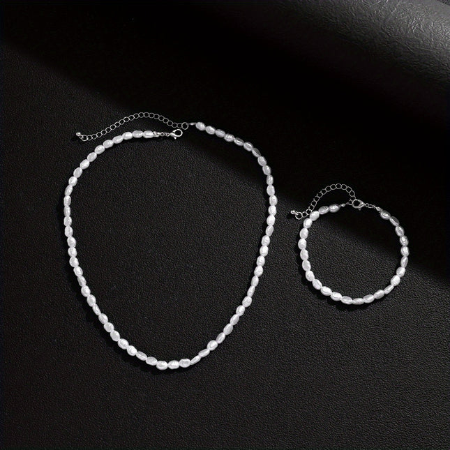 Mens Retro Bean Texture Pearl Necklace And Bracelet Set