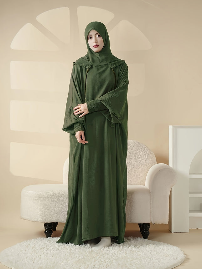 Womens Loose Fit Abaya Robe With Lantern Sleeves Tassel Hem