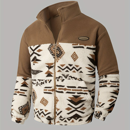 Mens Geometric Print Fleece Zip Up Jacket With Pockets
