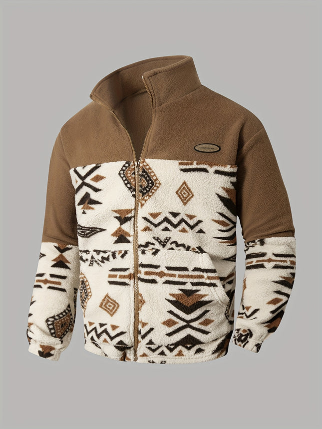 Mens Geometric Print Fleece Zip Up Jacket With Pockets