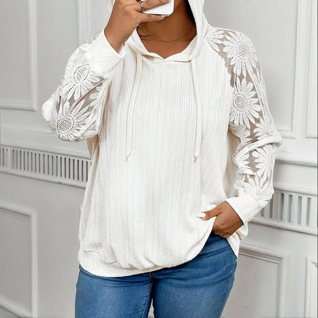 Women's Plus Size Hoodie Lace Long Sleeve Pullover Top, Fall Casual Drawstring Sweatshirt Hover Image