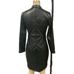 Women's Faux Leather Blazer Dress, Double-Breasted Long Sleeve Midi Dress, Slim Fit Office Bodycon Dress