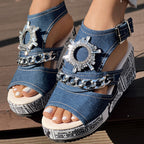 Newspaper Buckle Denim Wedge Slides - Anklet Not Included