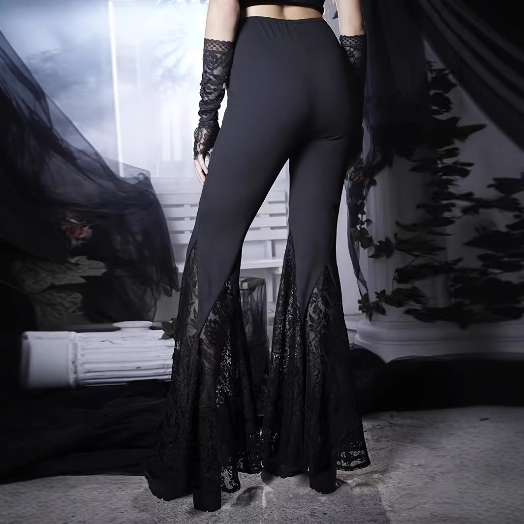Sexy Lace Stitching Dark Style Cross Bell-bottom Pants