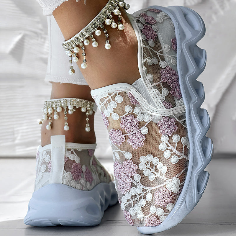 Contrast Glitter Transparent Mesh Patch Breathable Sneakers - Without Ankle Strap