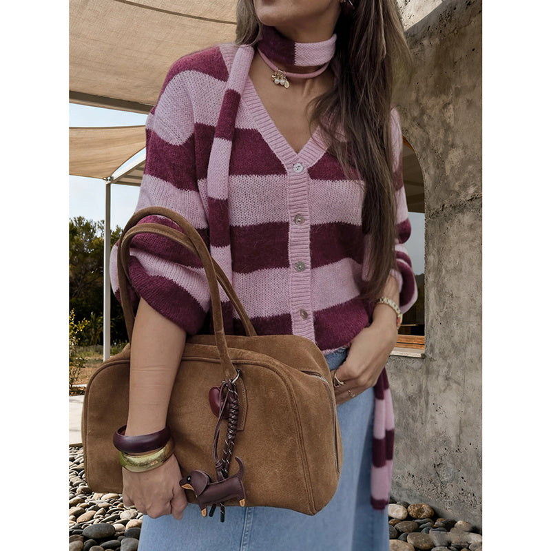 Womens Striped Cardigan Sweaters V Neck Open Front Button Up Color Block Loose Coats With Scarf