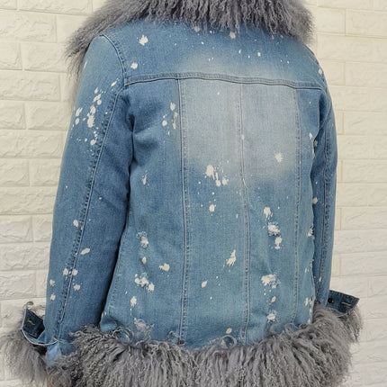 Winter Plush Lined Splash Print Denim Jacket Coat Women