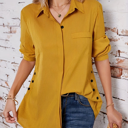 Solid Side Button Blouse With Boho Collar Rollable Sleeve