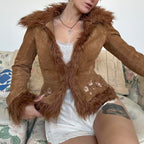 Vintage Maillard Fur Collar Flower Embroidery Short Warm Coat