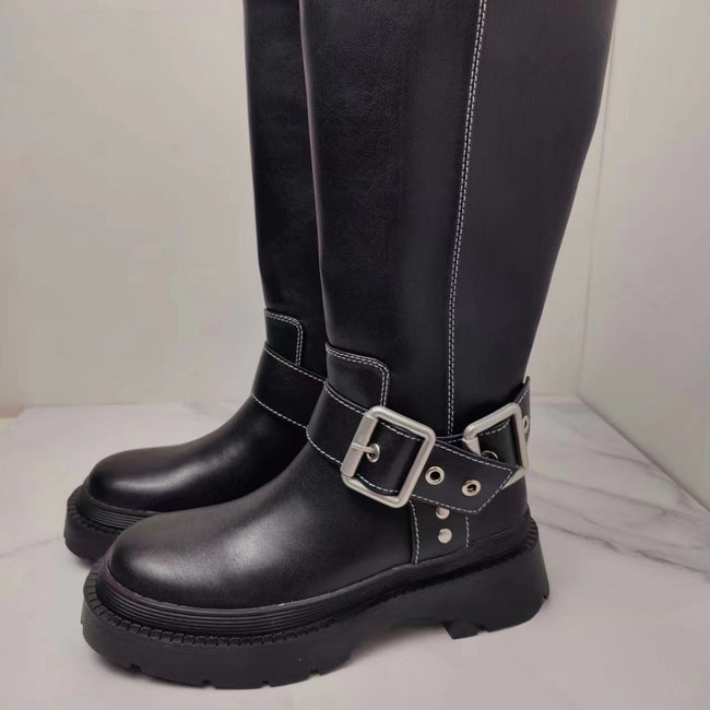 Women's Brown Retro Height Increasing Buckle Decoration High Knight Platform Boots Hover Image