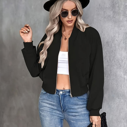 Chic Solid Color Zip Up Jacket For Women Stand Collar