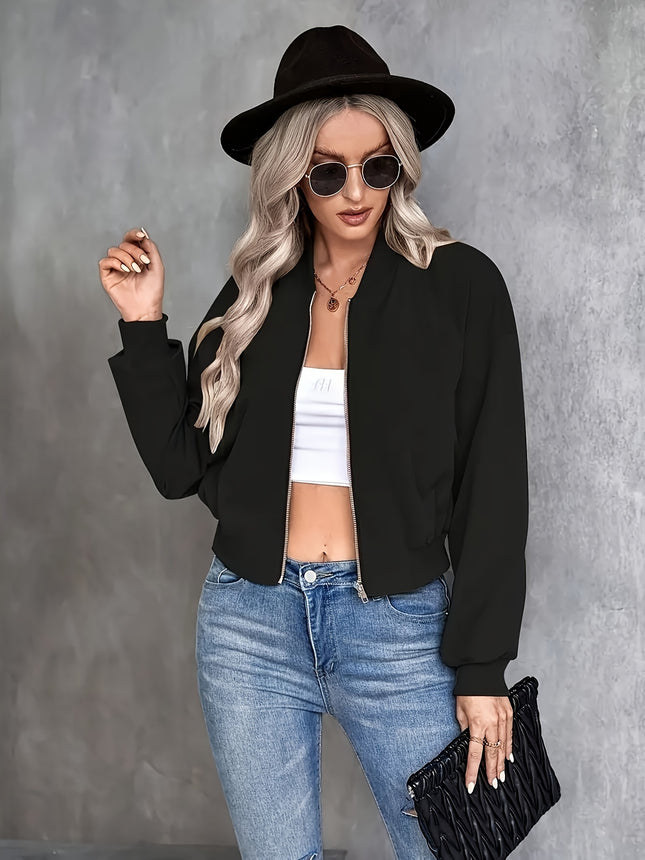 Chic Solid Color Zip Up Jacket For Women Stand Collar