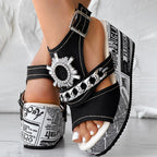 Newspaper Buckle Denim Wedge Slides - Anklet Not Included