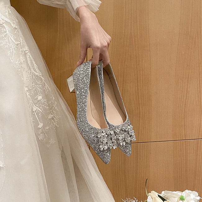 Silver French Style Mid Heel Ladies New Square Buckle Large Size Plus Sizes Pumps Hover Image