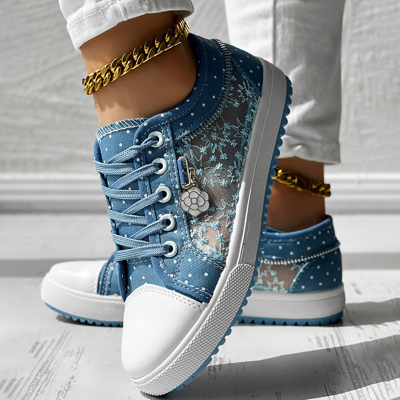Floral Embroidered Polka Dot Print Sneakers