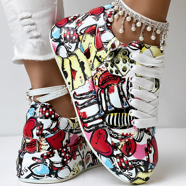 Women's Casual Round Toe Thick Sole Lace-Up Sneakers, Random Print Design, Comfortable Sporty Shoes For Daily Wear Main Image