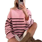 Stripe Warm Knitted Pullover Elegant Round Neck Long Sleeve Loose Sweater