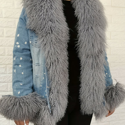 Winter Plush Lined Splash Print Denim Jacket Coat Women