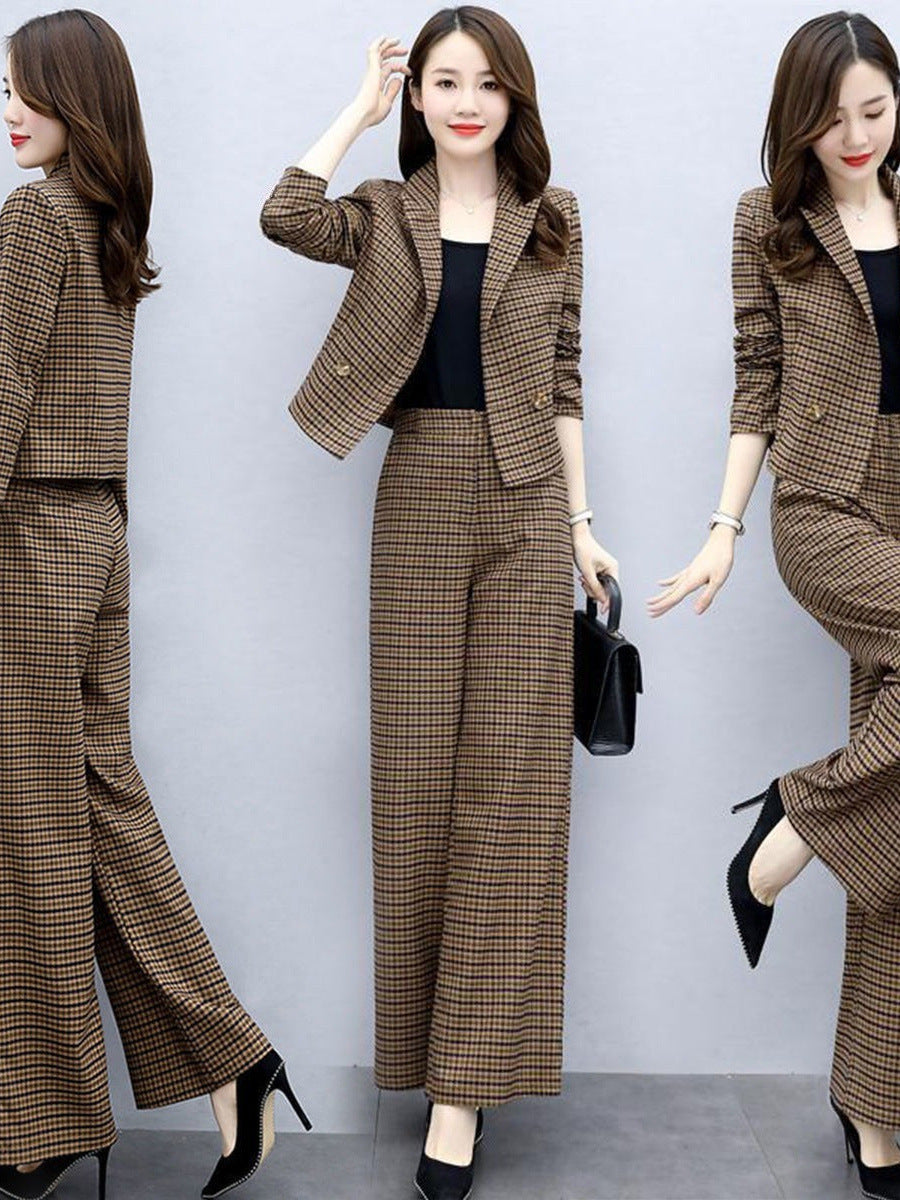 Temperament Western Style Lattice Loose Pants Two-piece