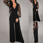 Women's Elegant V Neck Mesh Long Sleeve Loose Wide Leg Romper Party Jumpsuits With Rivet Cuffs