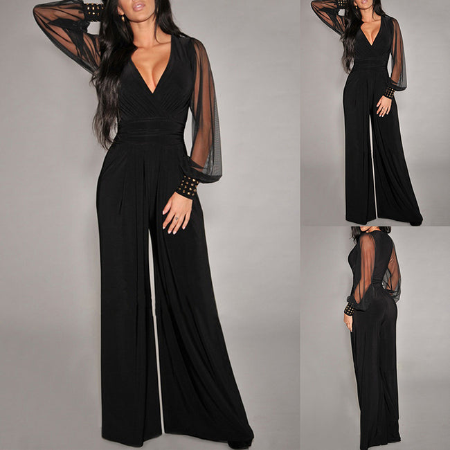 Women's Elegant V Neck Mesh Long Sleeve Loose Wide Leg Romper Party Jumpsuits With Rivet Cuffs Hover Image