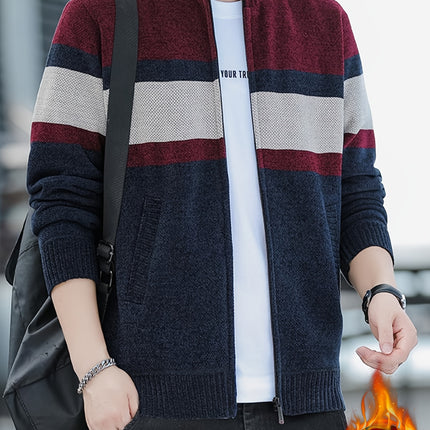 Mens Color Block Knitted Cardigan Zip Up Winter Sweater