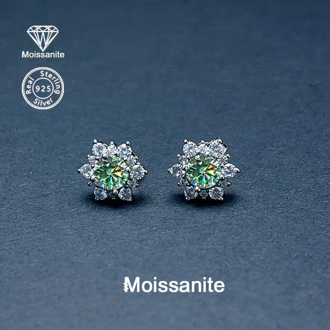 Blue Green Moissanite Snowflake Stud Earrings 1 Carat 925
