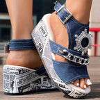 Newspaper Buckle Denim Wedge Slides - Anklet Not Included